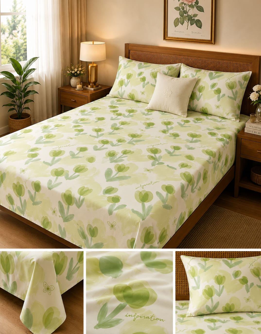 Green Tulip Garden Printed Bedsheet Set